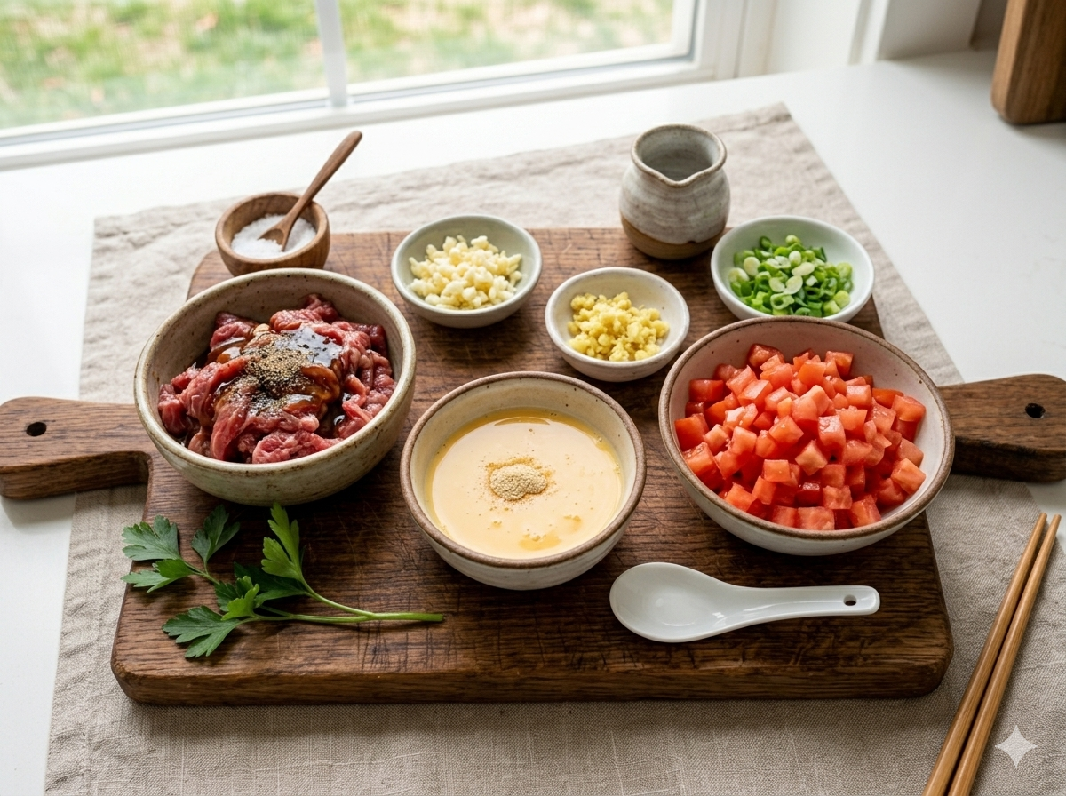 Nguyên liệu bò, trứng, cà chua